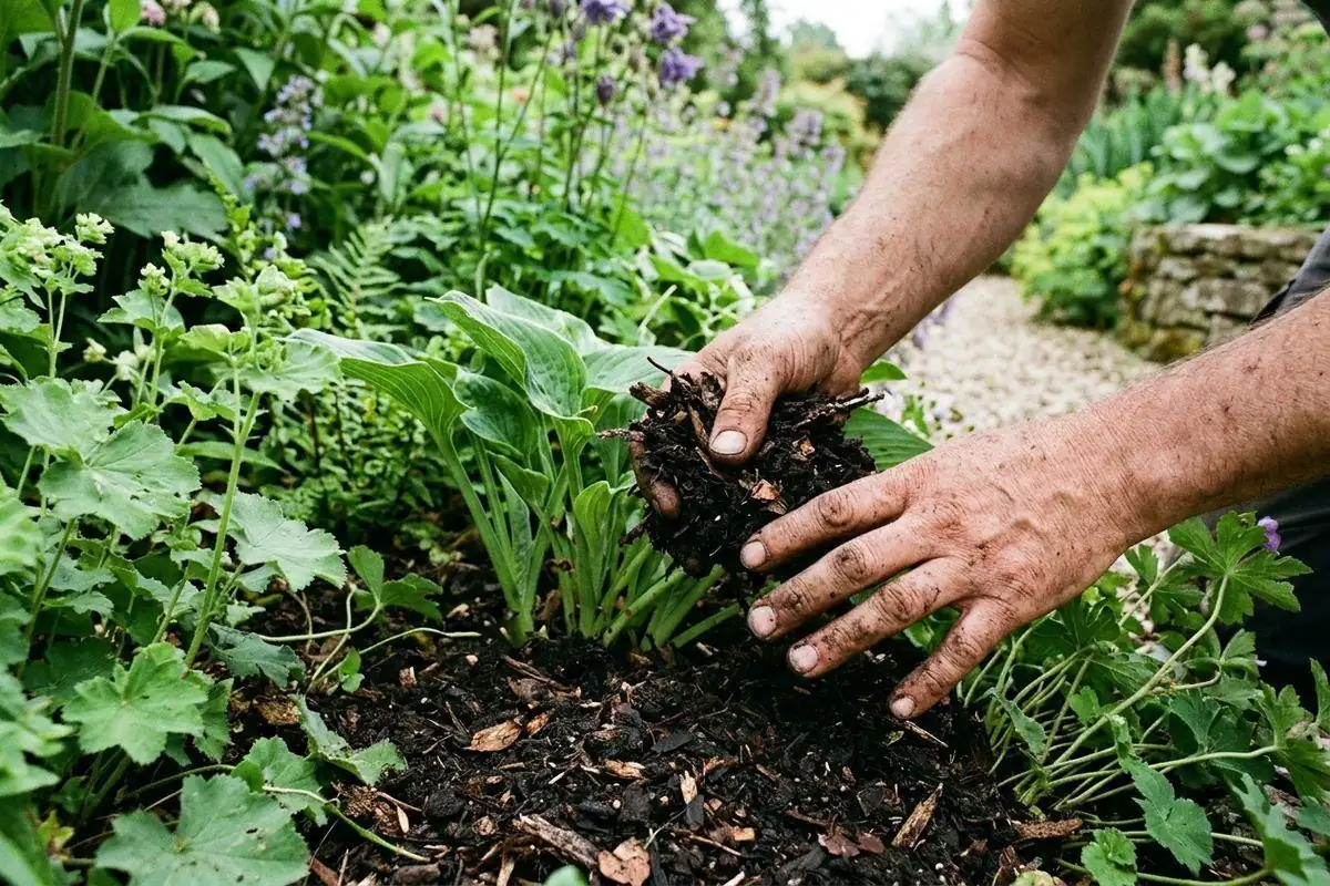 Mulching a border by hand